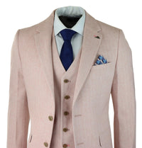 Terno masculino de tweed espinha de peixe, 3 peças, rosa blush, estilo retrô vintage, comprimento curto regular.
