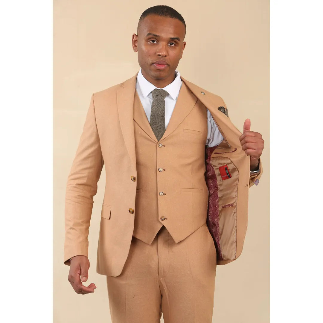 TP-23 - Terno masculino de linho cor camelo, 3 peças, para casamento no verão
