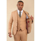 TP-23 - Terno masculino de linho cor camelo, 3 peças, para casamento no verão