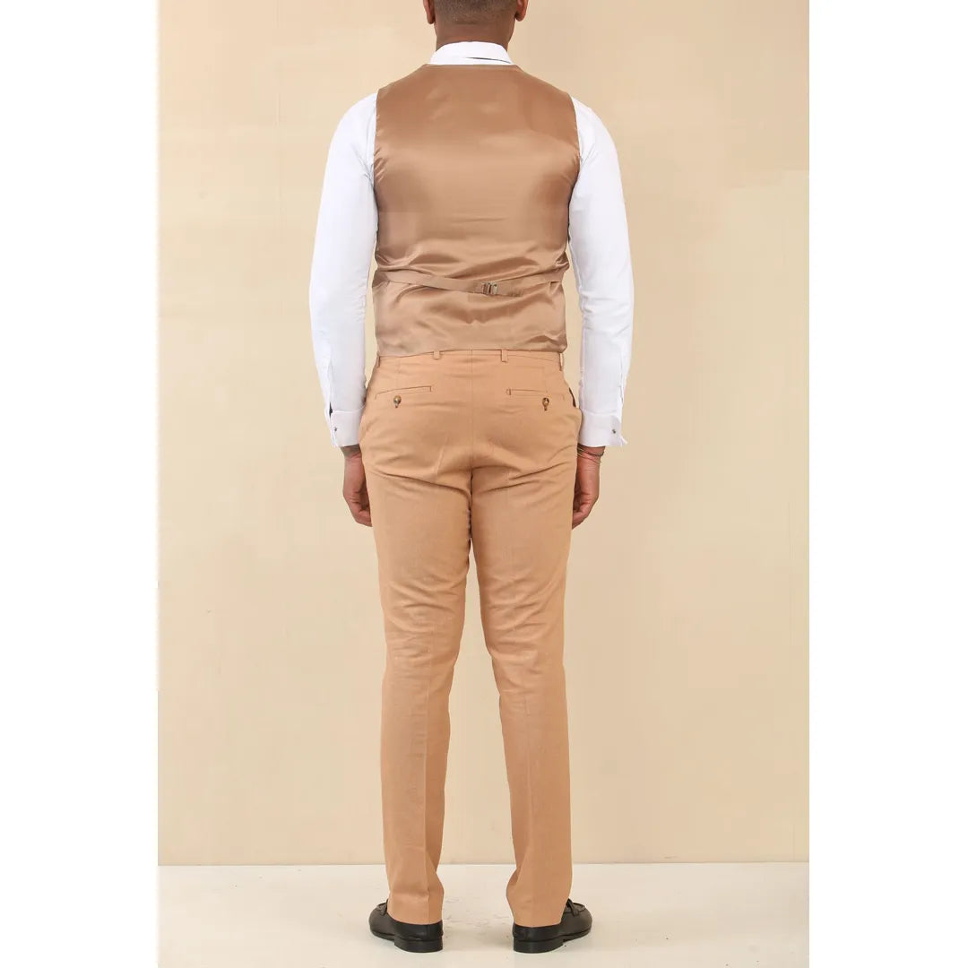 TP-23 - Terno masculino de linho cor camelo, 3 peças, para casamento no verão
