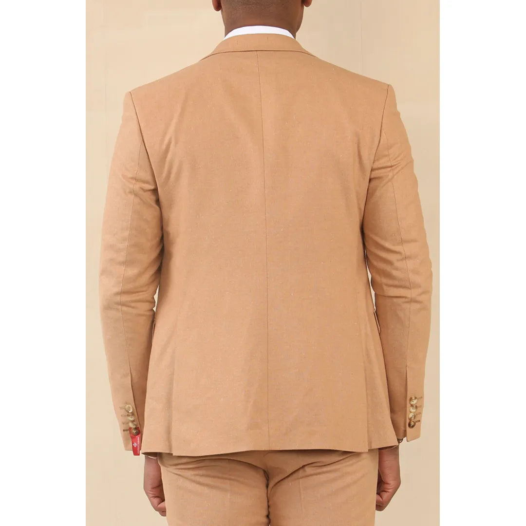 TP-23 - Terno masculino de linho cor camelo, 3 peças, para casamento no verão