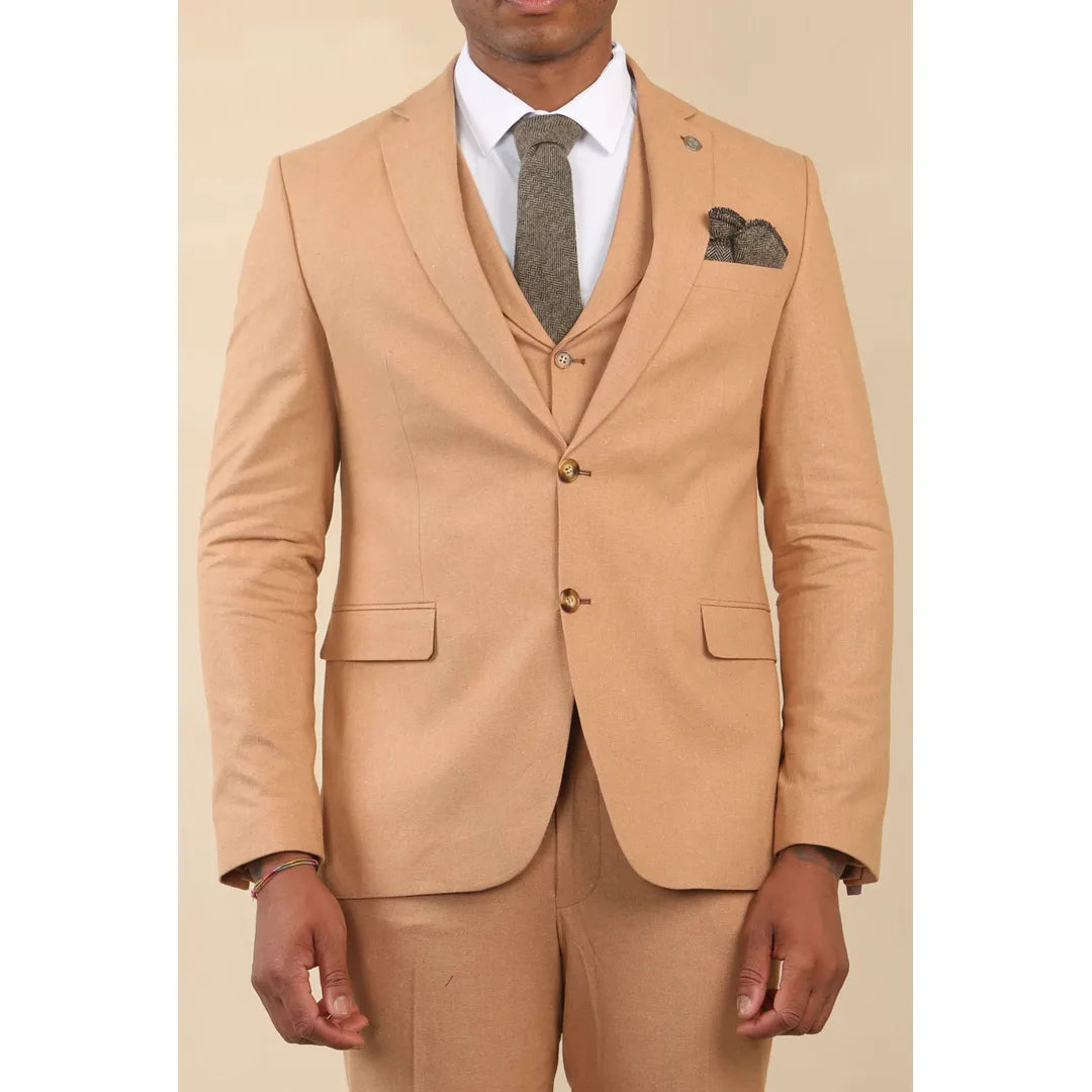 TP-23 - Terno masculino de linho cor camelo, 3 peças, para casamento no verão
