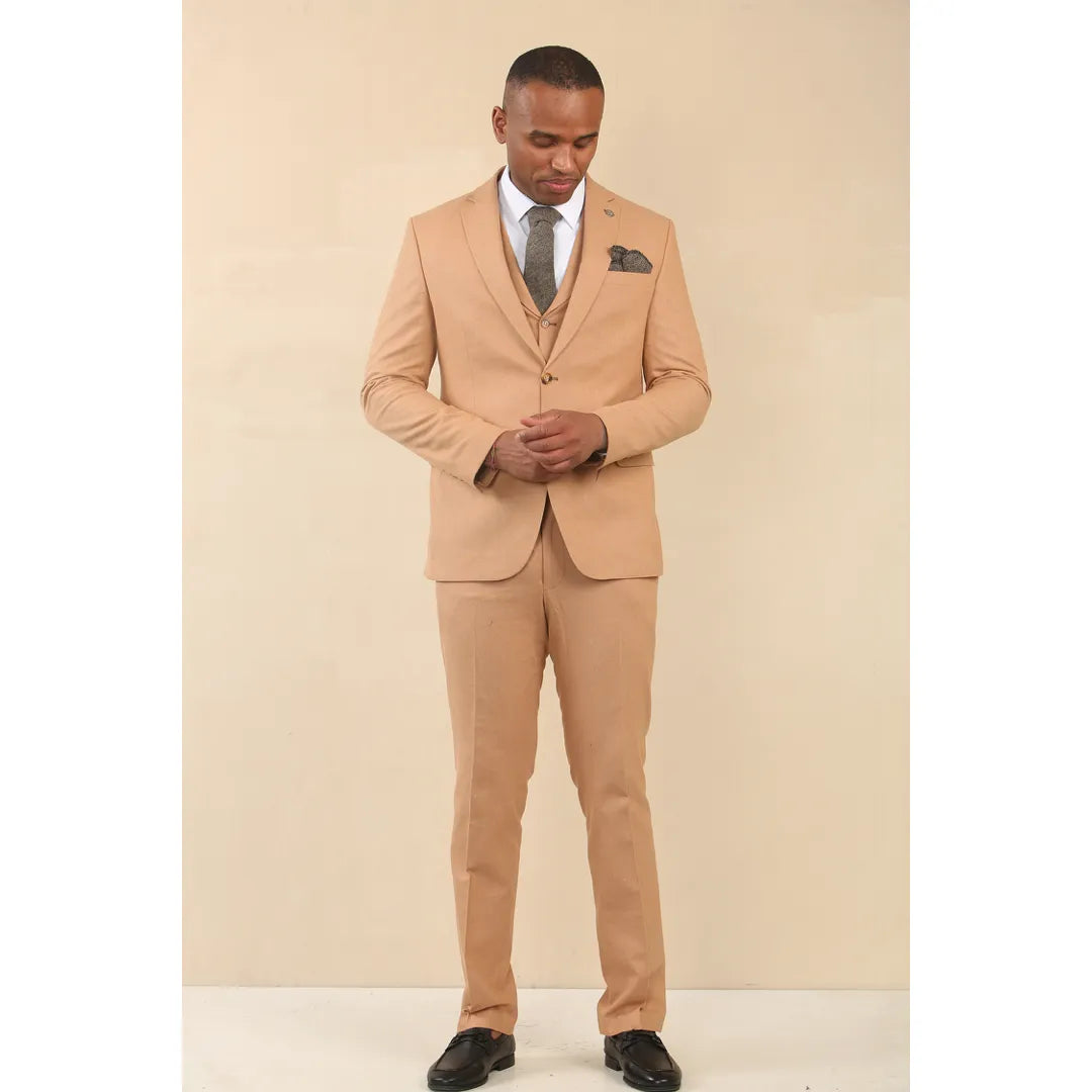 TP-23 - Terno masculino de linho cor camelo, 3 peças, para casamento no verão