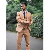 TP-23 - Terno masculino de linho cor camelo, 3 peças, para casamento no verão