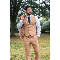 TP-23 - Terno masculino de linho cor camelo, 3 peças, para casamento no verão