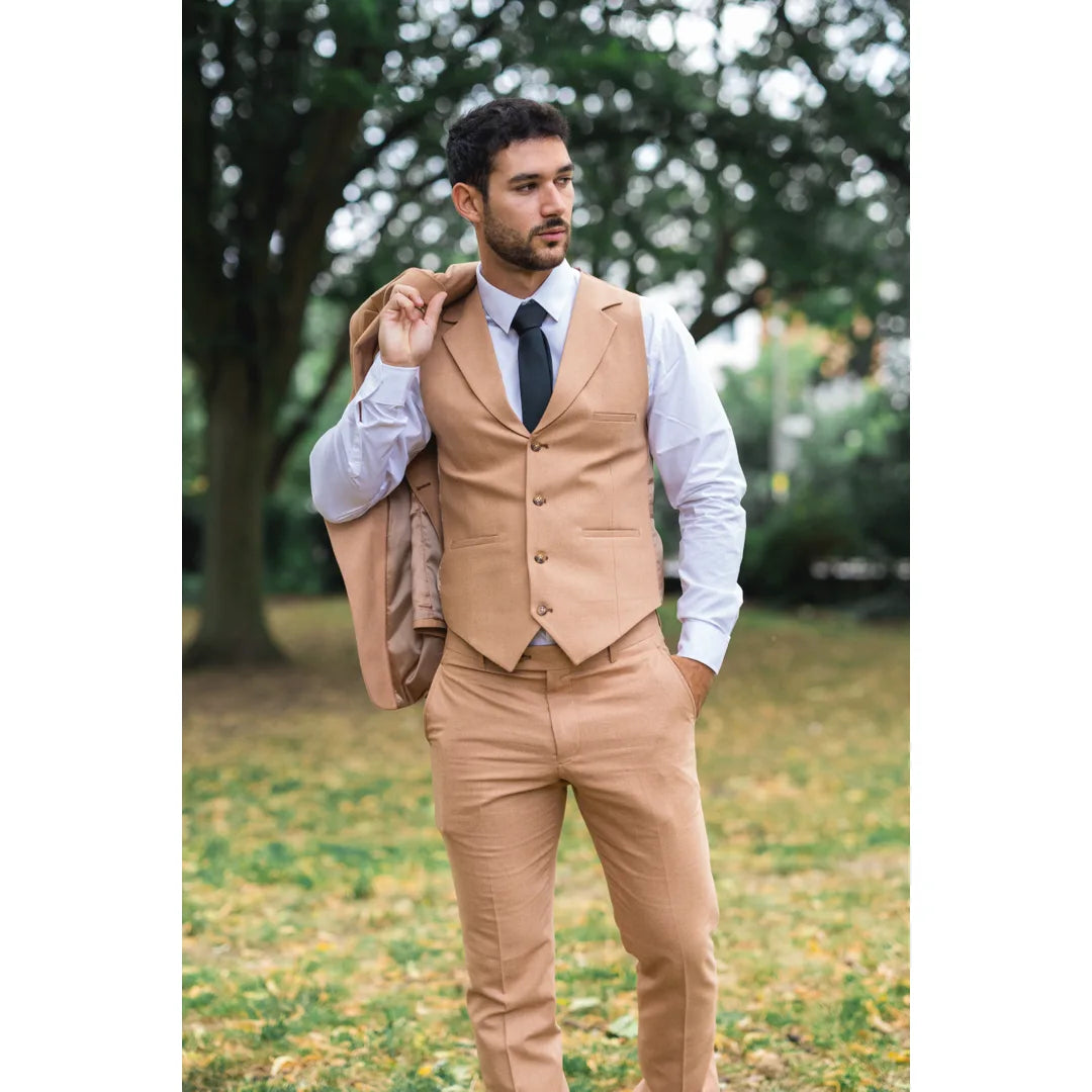 TP-23 - Terno masculino de linho cor camelo, 3 peças, para casamento no verão