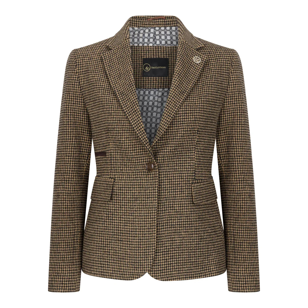 TPW-20 - Blazer feminino em tweed marrom com estampa pied-de-poule em mistura de lã