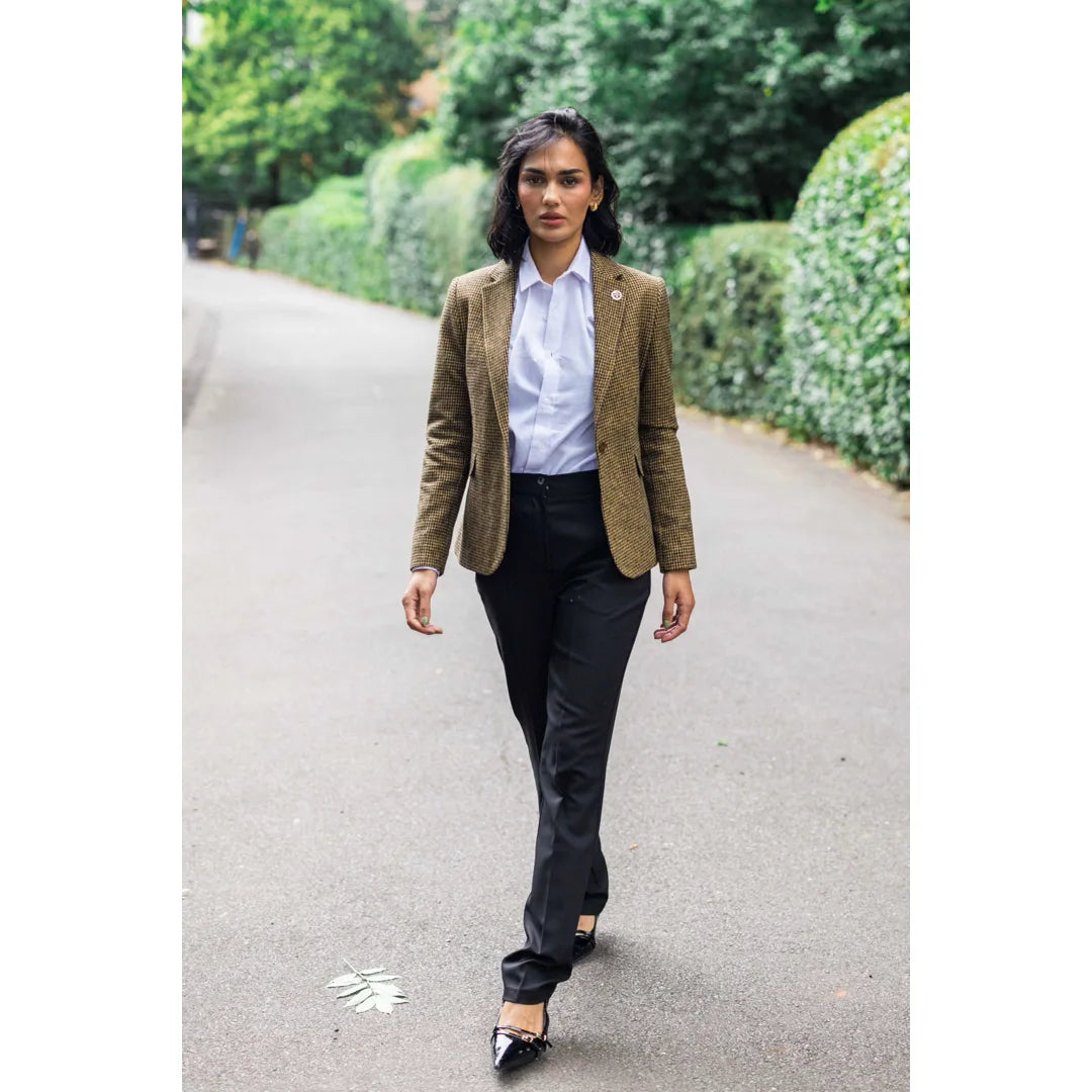 TPW-20 - Blazer feminino em tweed marrom com estampa pied-de-poule em mistura de lã