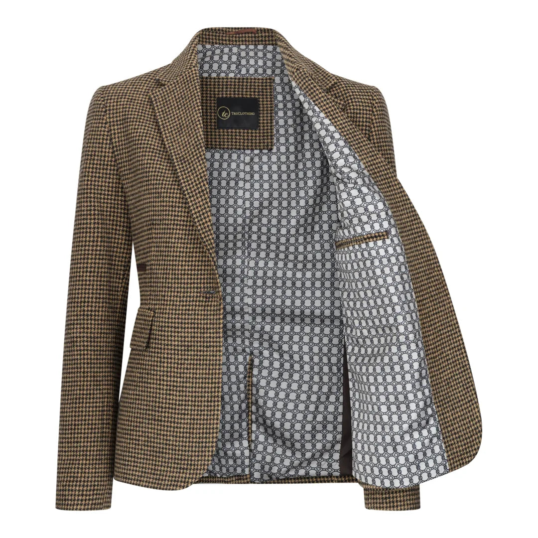 TPW-20 - Blazer feminino em tweed marrom com estampa pied-de-poule em mistura de lã