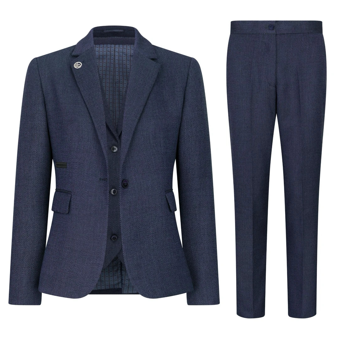 TPW-AK-04 - Terno feminino de tweed espinha de peixe de 3 peças na cor azul marinho