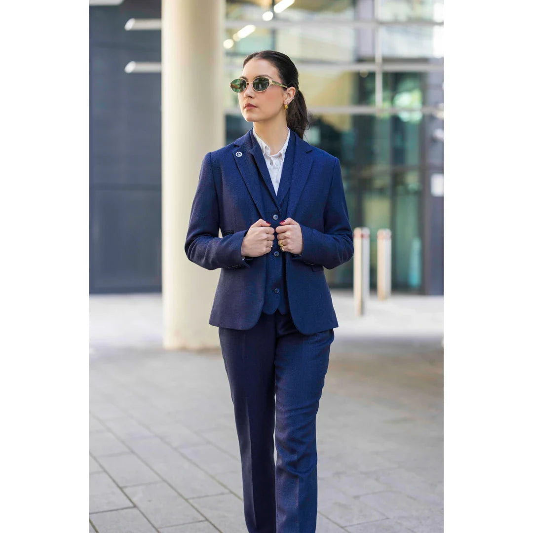 TPW-AK-04 - Terno feminino de tweed espinha de peixe de 3 peças na cor azul marinho