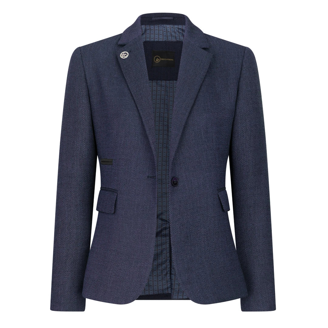 TPW-AK-04 - Terno feminino de tweed espinha de peixe de 3 peças na cor azul marinho
