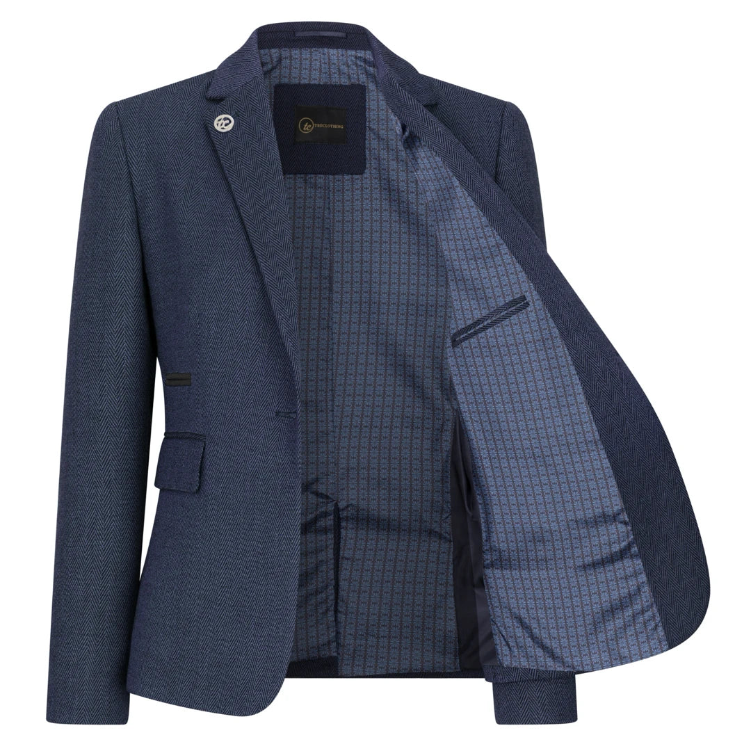 TPW-AK-04 - Terno feminino de tweed espinha de peixe de 3 peças na cor azul marinho