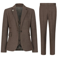 TPW-AK-06 - Terno feminino de tweed marrom de 3 peças com estampa espinha de peixe