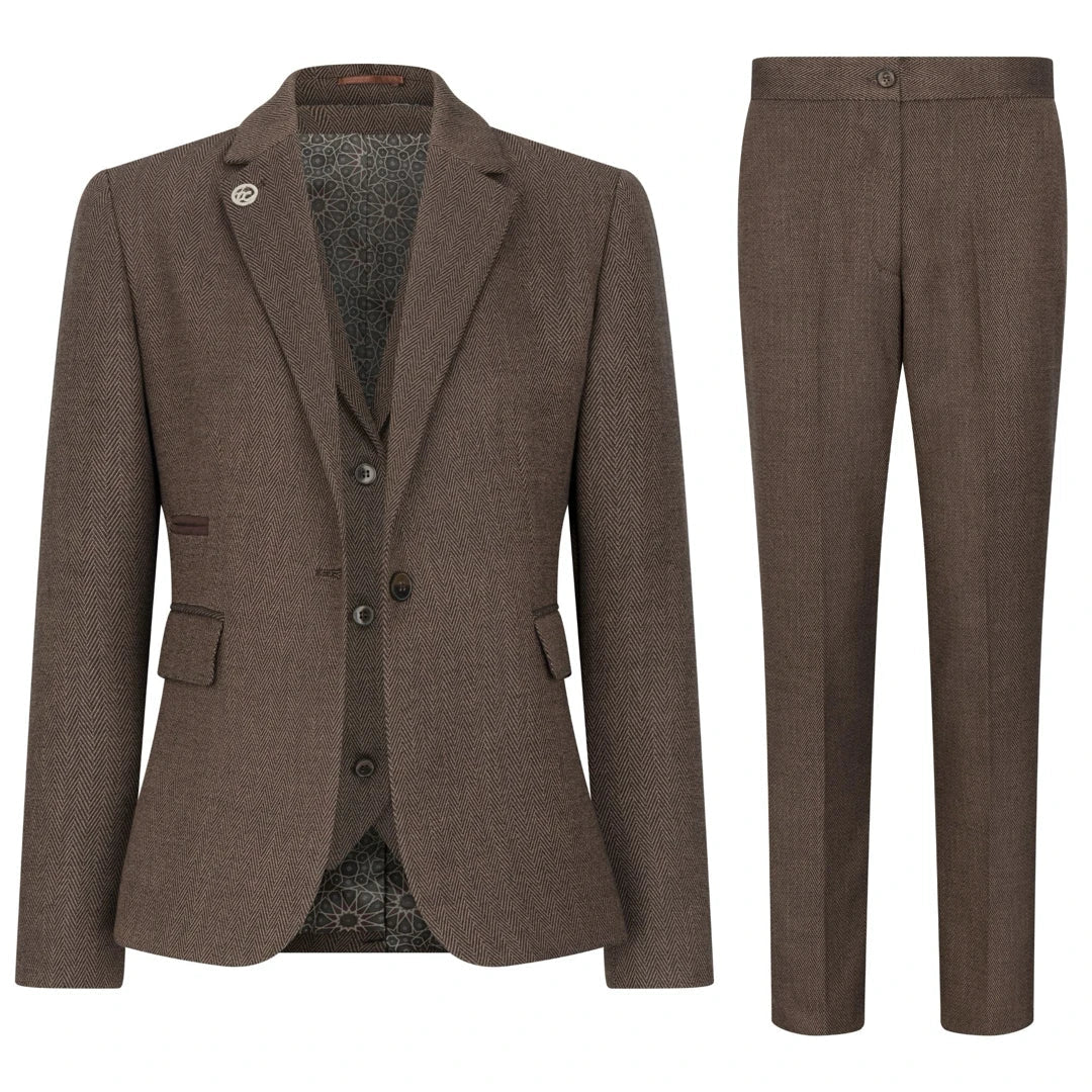 TPW-AK-06 - Terno feminino de tweed marrom de 3 peças com estampa espinha de peixe