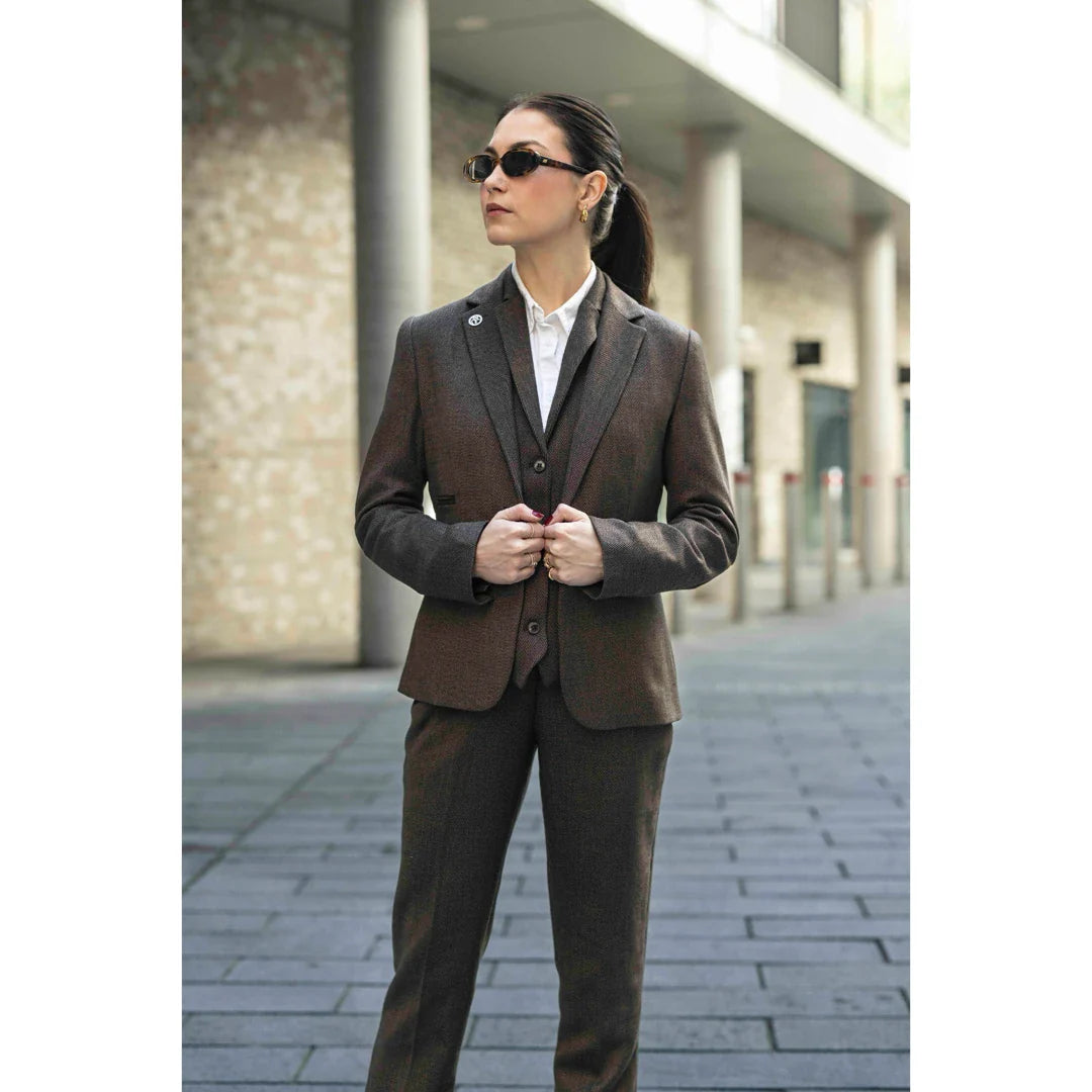 TPW-AK-06 - Terno feminino de tweed marrom de 3 peças com estampa espinha de peixe
