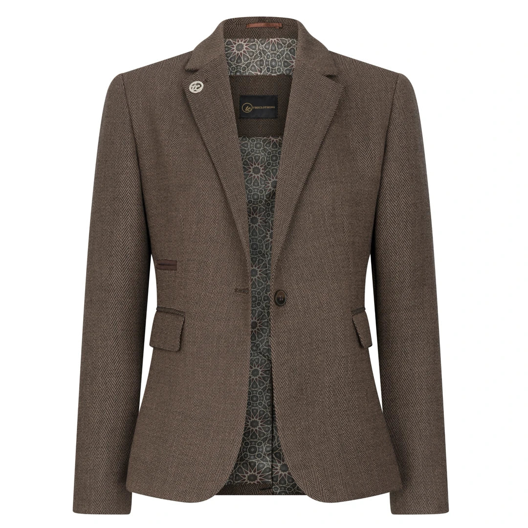 TPW-AK-06 - Terno feminino de tweed marrom de 3 peças com estampa espinha de peixe