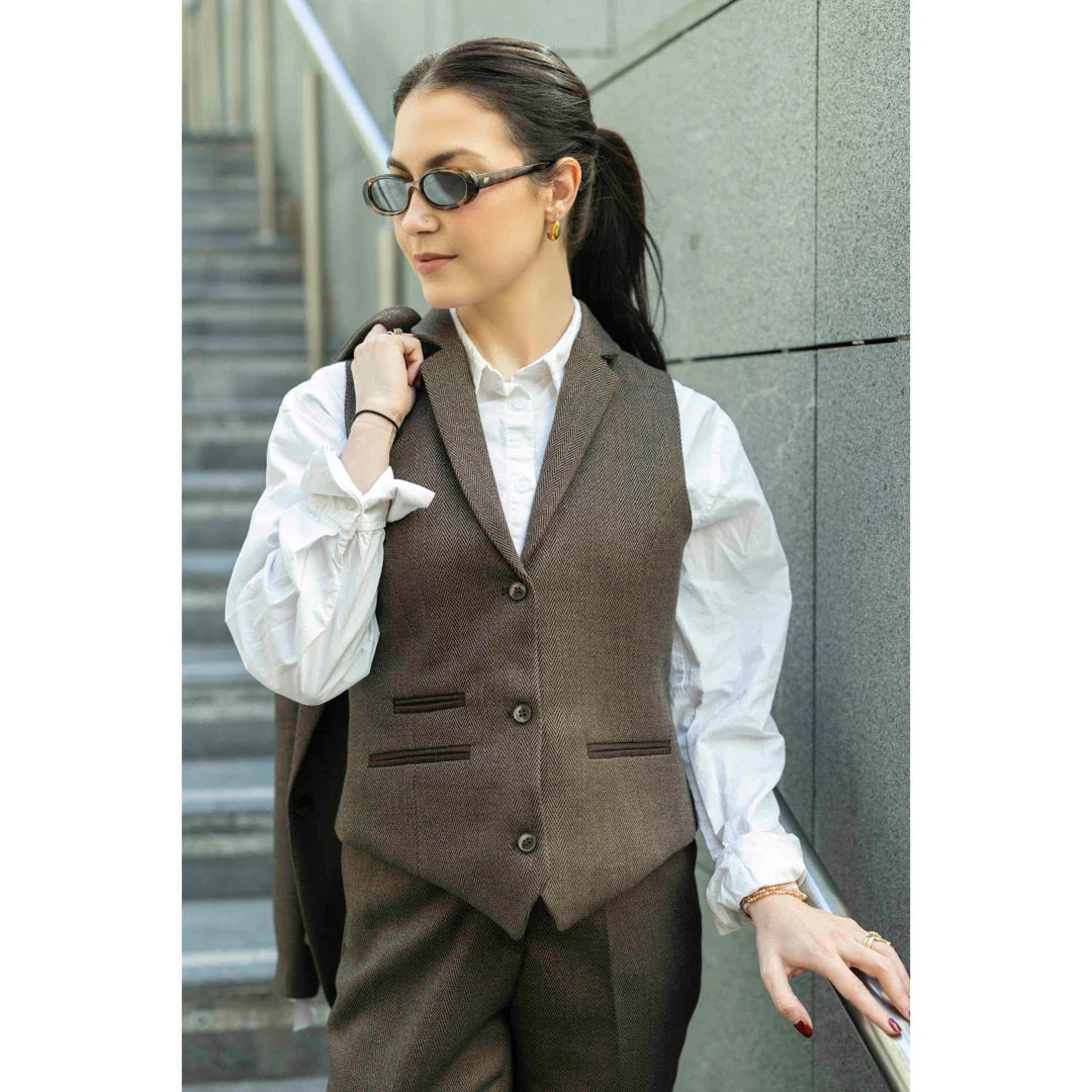 TPW-AK-06 - Terno feminino de tweed marrom de 3 peças com estampa espinha de peixe