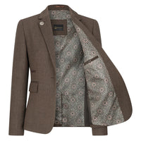 TPW-AK-06 - Terno feminino de tweed marrom de 3 peças com estampa espinha de peixe