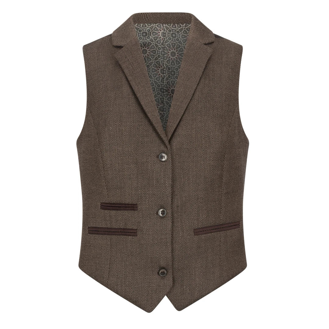 TPW-AK-06 - Terno feminino de tweed marrom de 3 peças com estampa espinha de peixe