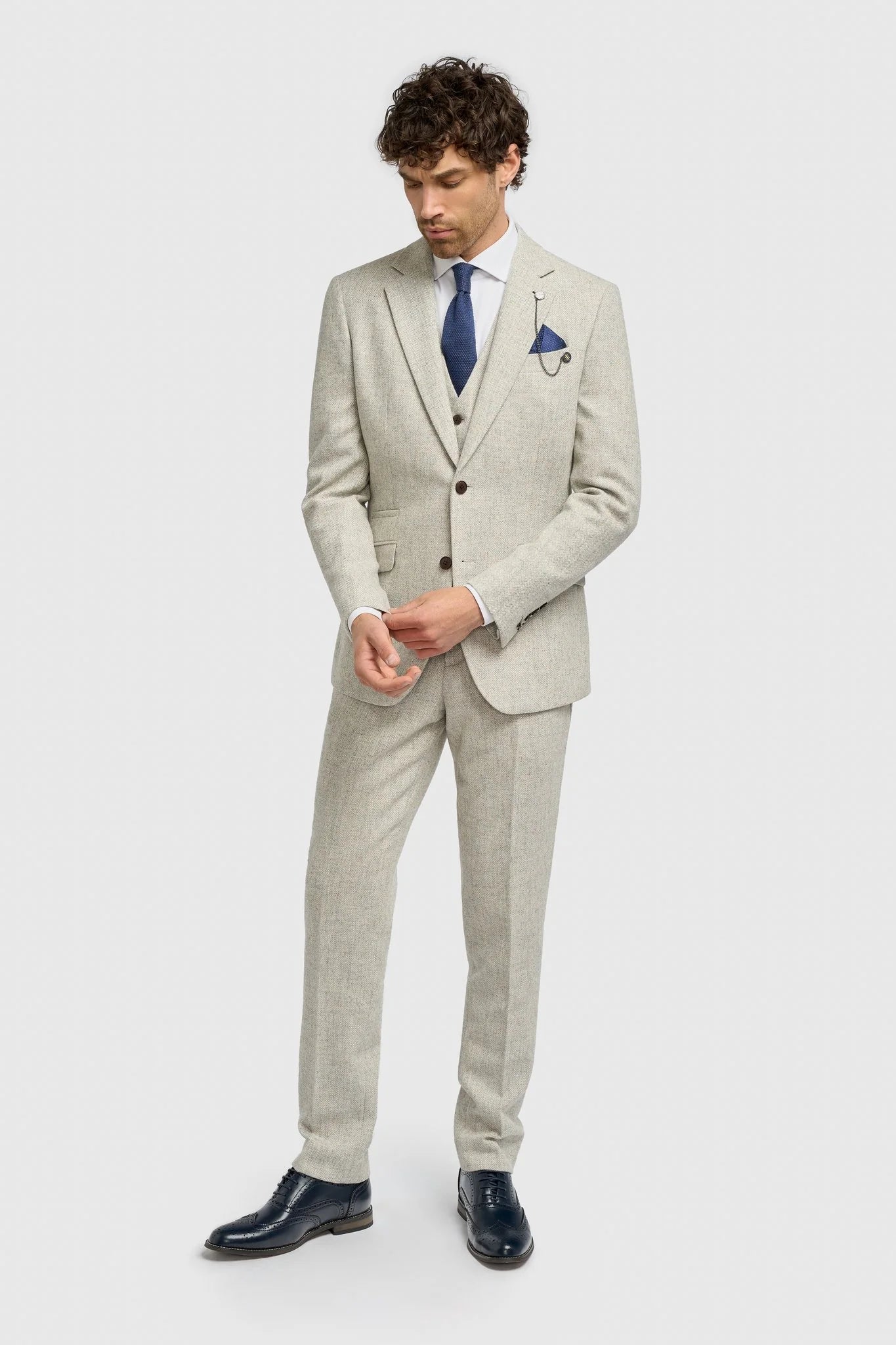 Thomas - Terno masculino cinza de 3 peças em tweed de lã mista