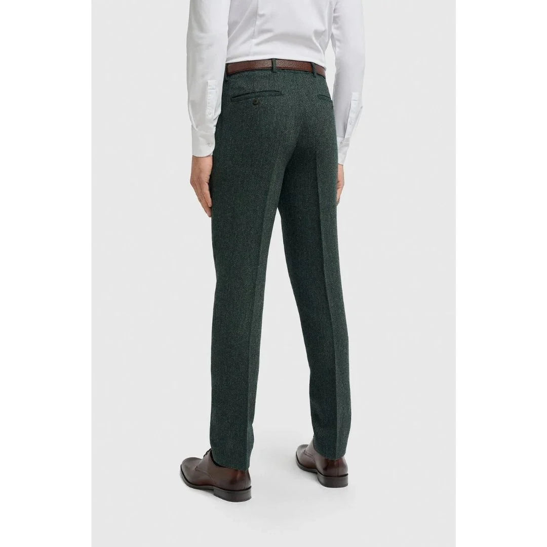 Thomas - Calças masculinas em tweed espinha de peixe em mistura de lã verde-oliva