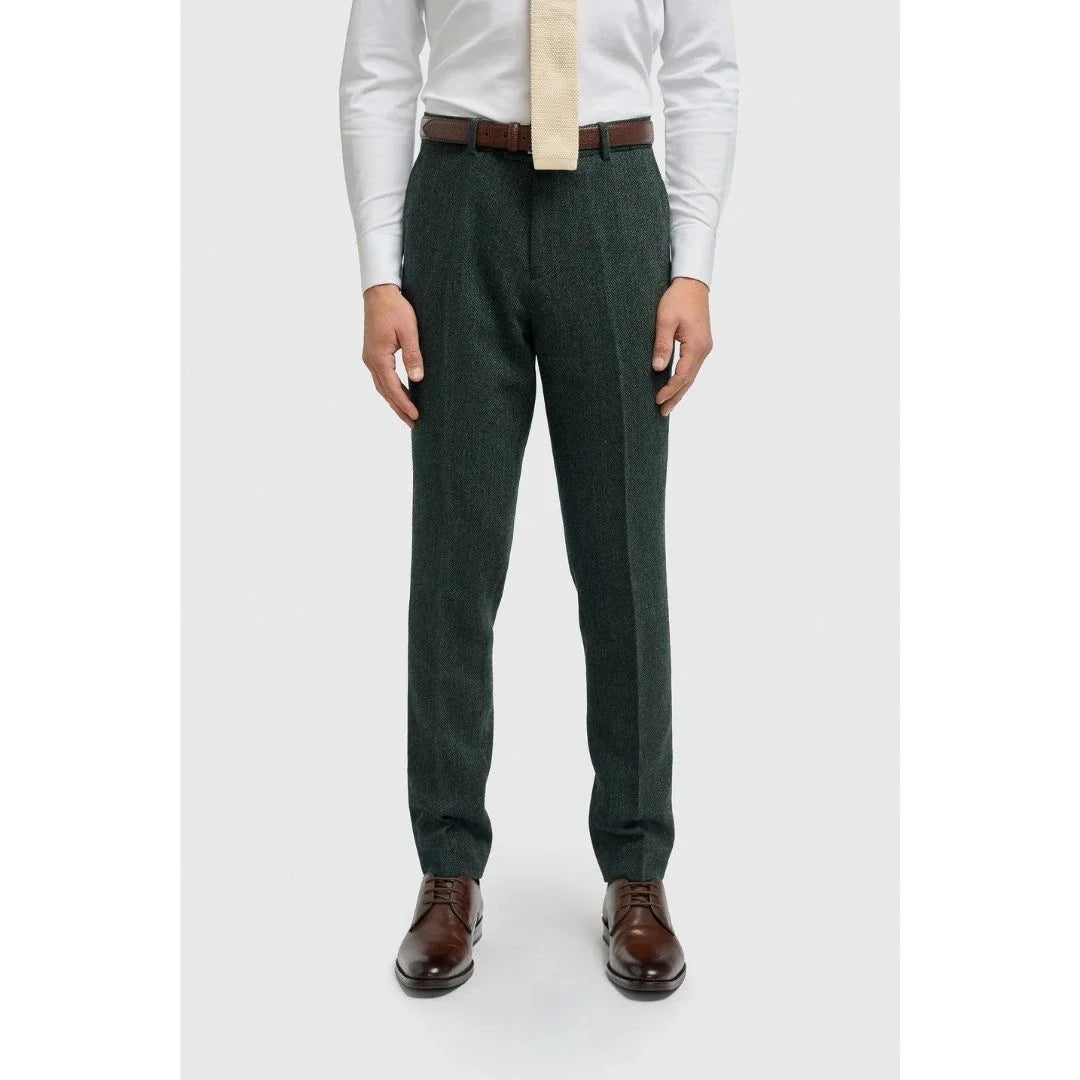 Thomas - Calças masculinas em tweed espinha de peixe em mistura de lã verde-oliva