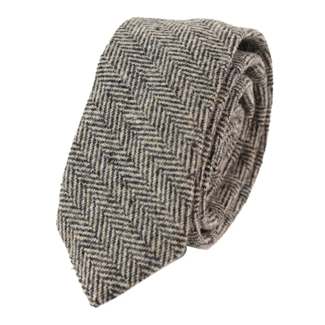 281 - Gravata e lenço de bolso masculinos em lã tweed espinha de peixe cor carvalho, 5 cm (2")