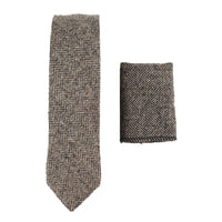281 - Gravata e lenço de bolso masculinos em lã tweed espinha de peixe cor carvalho, 5 cm (2")