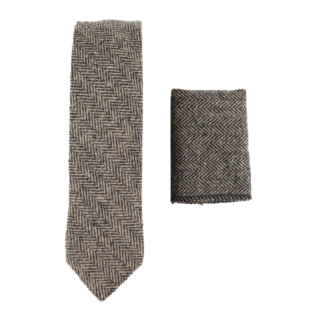 281 - Gravata e lenço de bolso masculinos em lã tweed espinha de peixe cor carvalho, 5 cm (2")