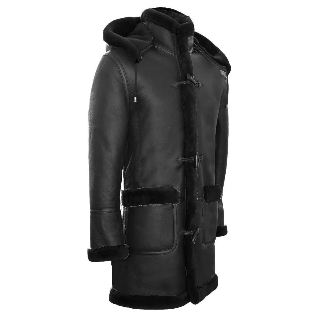 Casaco de lã de carneiro estilo duffle masculino, estilo Segunda Guerra Mundial, com capuz de couro 3/4.