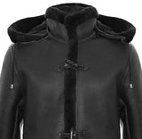 Casaco de lã de carneiro estilo duffle masculino, estilo Segunda Guerra Mundial, com capuz de couro 3/4.