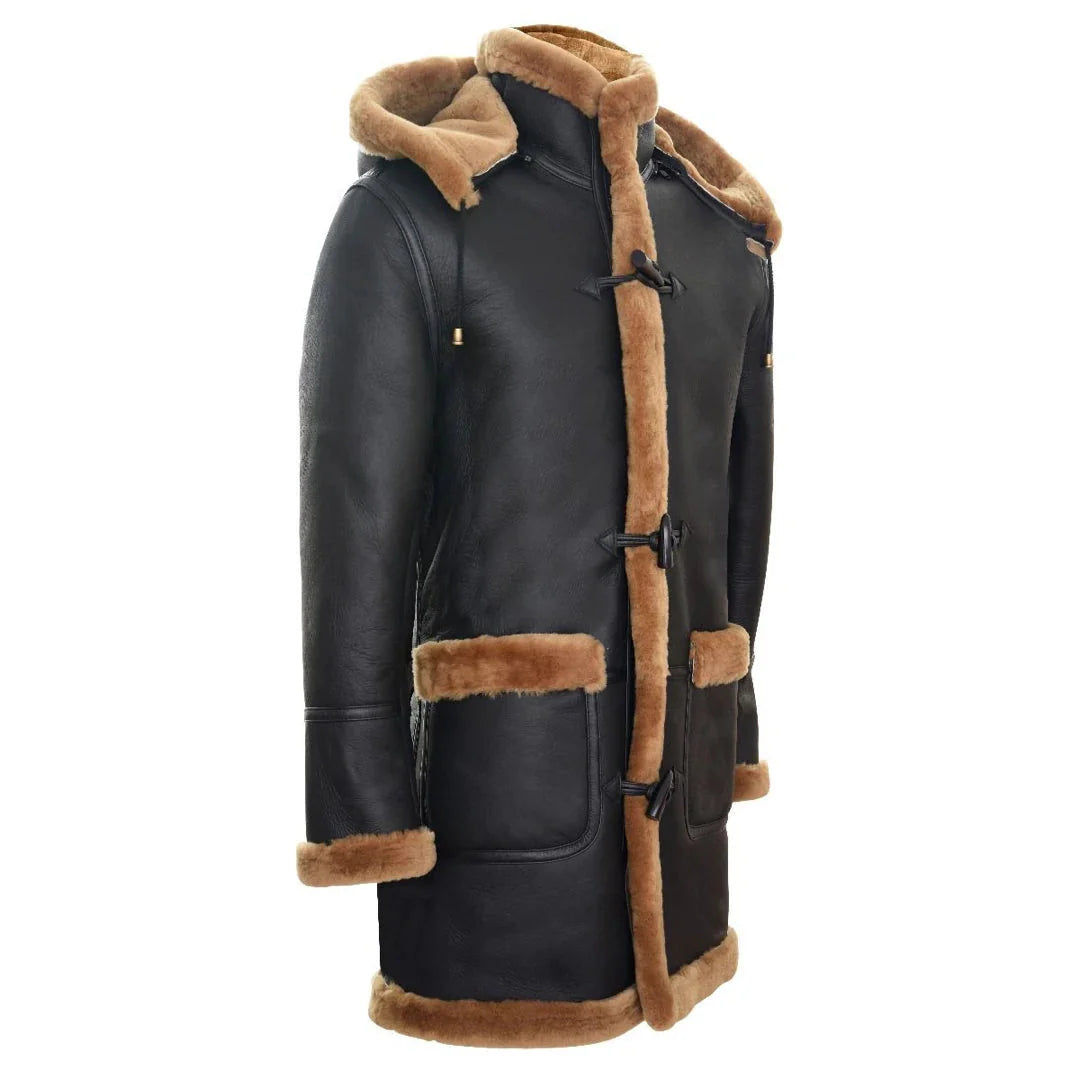 Casaco de lã de carneiro estilo duffle masculino, estilo Segunda Guerra Mundial, com capuz 3/4, nas cores marrom e gengibre.