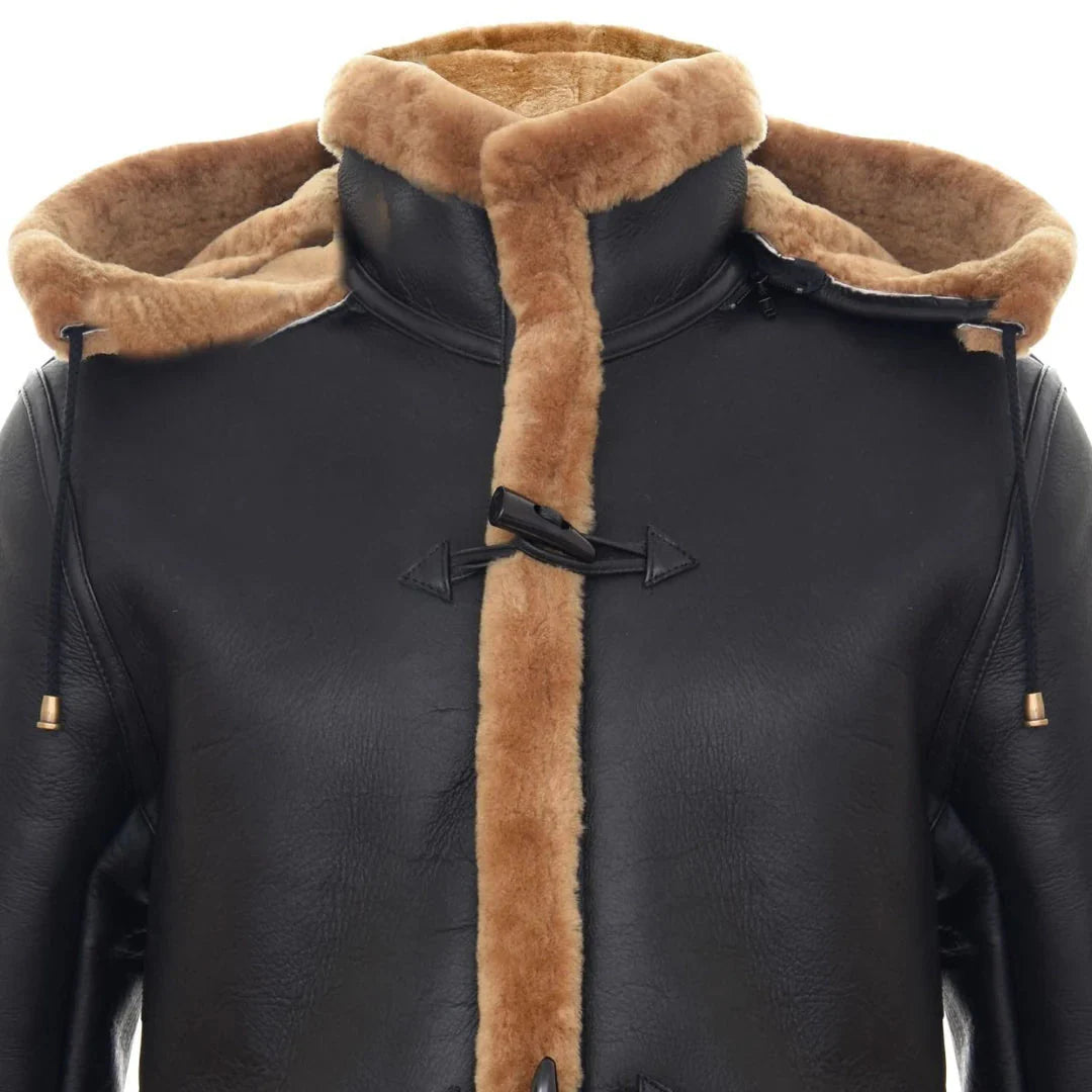 Casaco de lã de carneiro estilo duffle masculino, estilo Segunda Guerra Mundial, com capuz 3/4, nas cores marrom e gengibre.