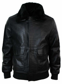 Jaqueta de aviador estilo bomber masculina em couro com gola de pele verdadeira, nas cores preto e marrom.