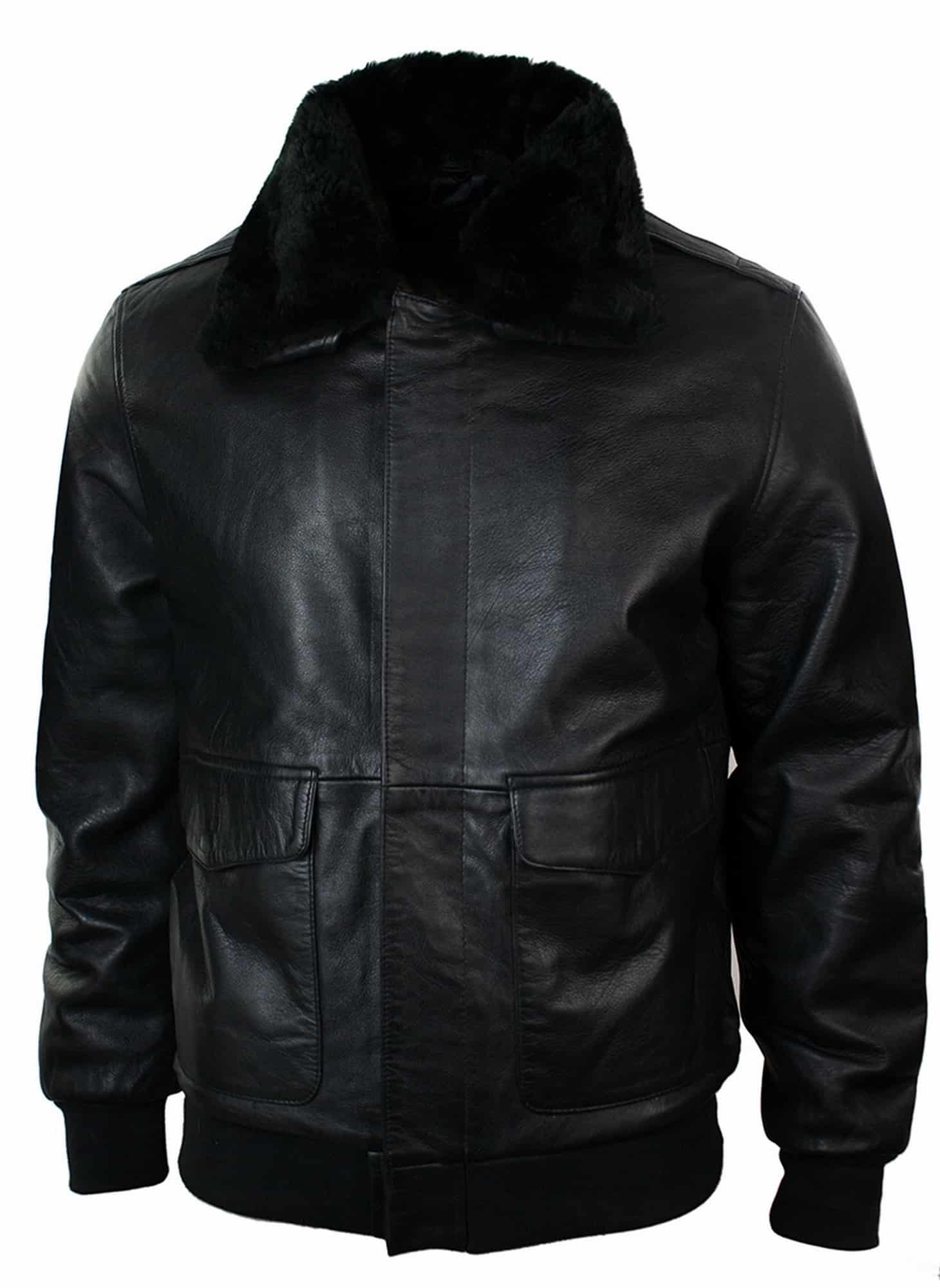 Jaqueta de aviador estilo bomber masculina em couro com gola de pele verdadeira, nas cores preto e marrom.