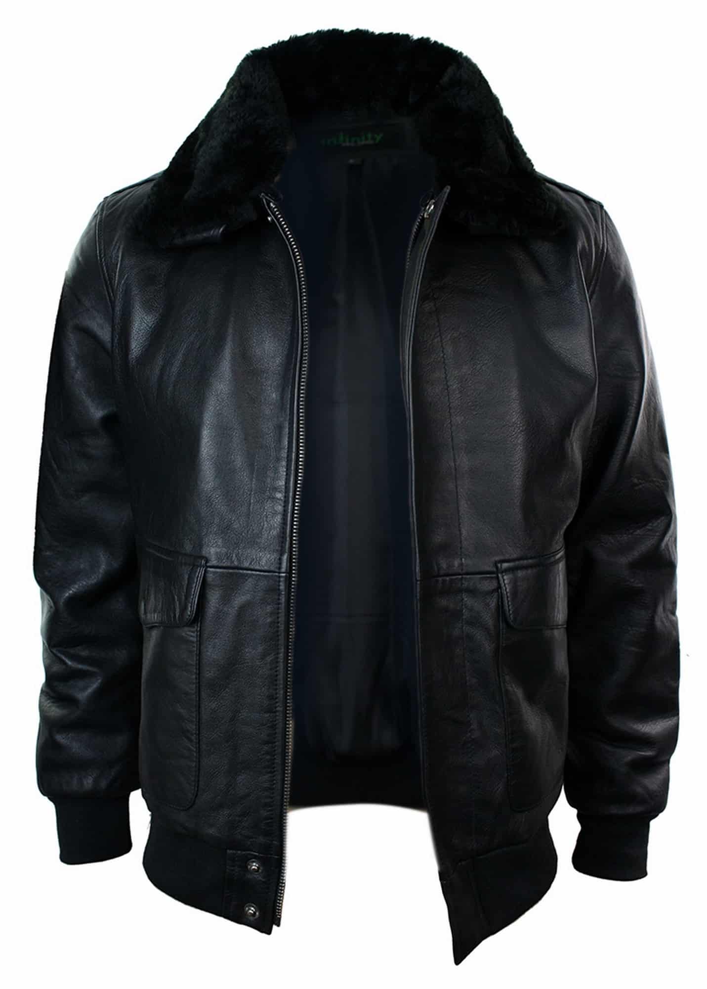 Jaqueta de aviador estilo bomber masculina em couro com gola de pele verdadeira, nas cores preto e marrom.
