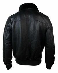 Jaqueta de aviador estilo bomber masculina em couro com gola de pele verdadeira, nas cores preto e marrom.