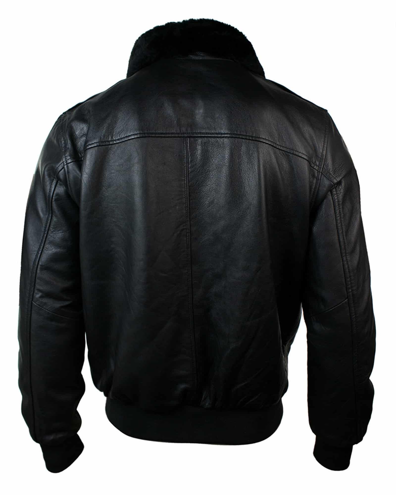 Jaqueta de aviador estilo bomber masculina em couro com gola de pele verdadeira, nas cores preto e marrom.