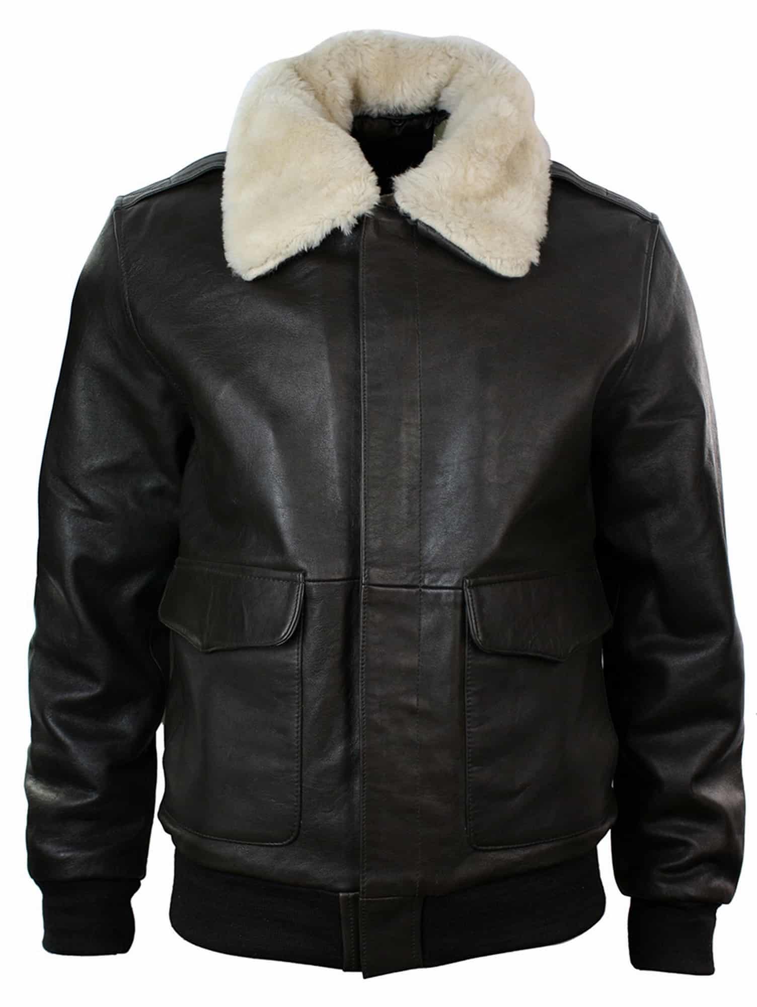 Jaqueta de aviador estilo bomber masculina em couro com gola de pele verdadeira, nas cores preto e marrom.