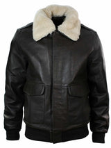 Jaqueta de aviador estilo bomber masculina em couro com gola de pele verdadeira, nas cores preto e marrom.
