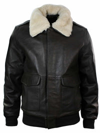 Jaqueta de aviador estilo bomber masculina em couro com gola de pele verdadeira, nas cores preto e marrom.