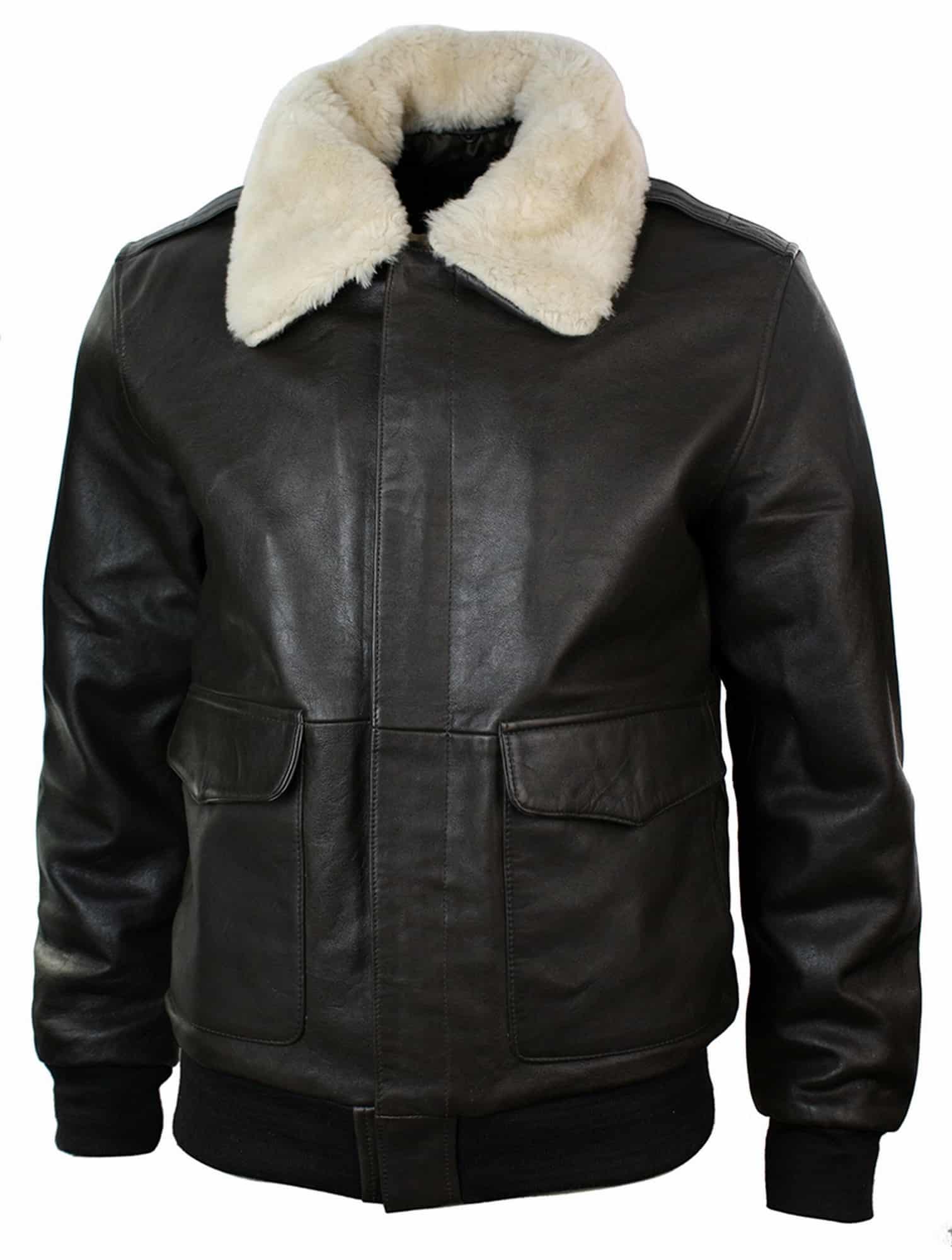 Jaqueta de aviador estilo bomber masculina em couro com gola de pele verdadeira, nas cores preto e marrom.