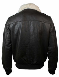 Jaqueta de aviador estilo bomber masculina em couro com gola de pele verdadeira, nas cores preto e marrom.