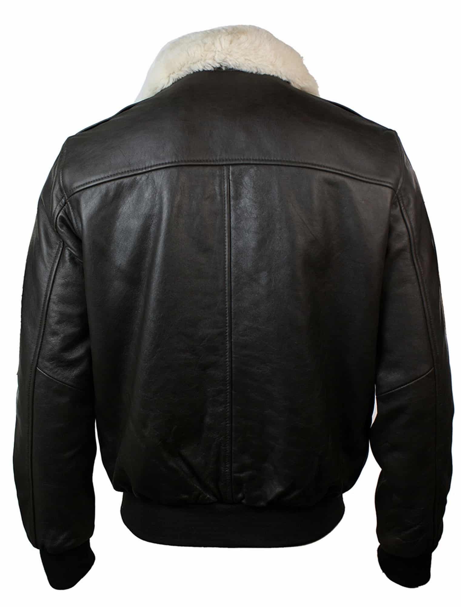 Jaqueta de aviador estilo bomber masculina em couro com gola de pele verdadeira, nas cores preto e marrom.
