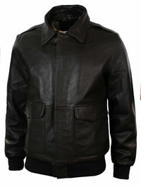 Jaqueta de aviador estilo bomber masculina em couro com gola de pele verdadeira, nas cores preto e marrom.
