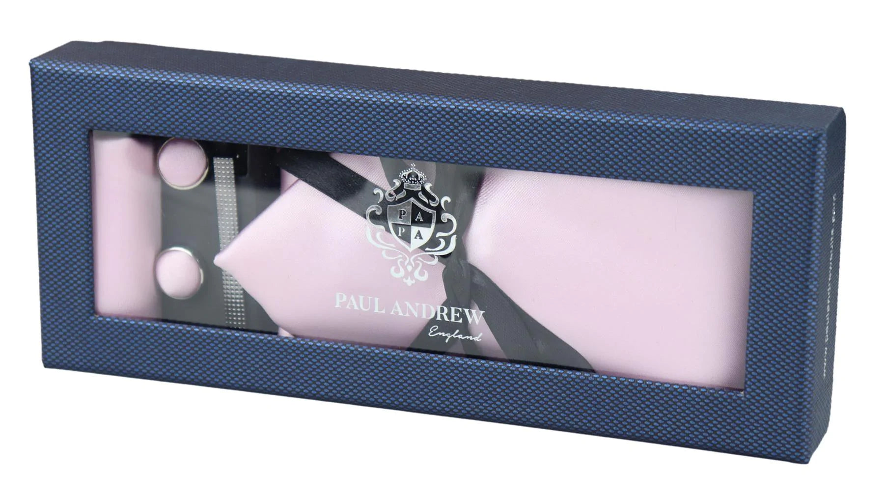 Conjunto de presente em cetim de seda rosa com gravata, lenço de bolso, abotoaduras e cetim brilhante.