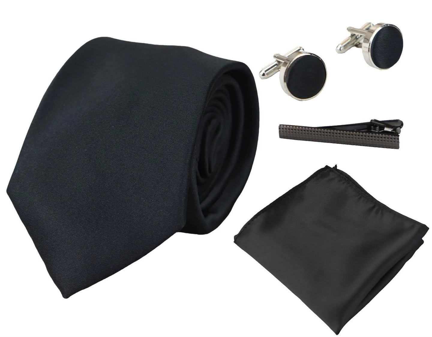 Conjunto de presente em cetim de seda preto com gravata, lenço de bolso, abotoaduras e cetim brilhante.