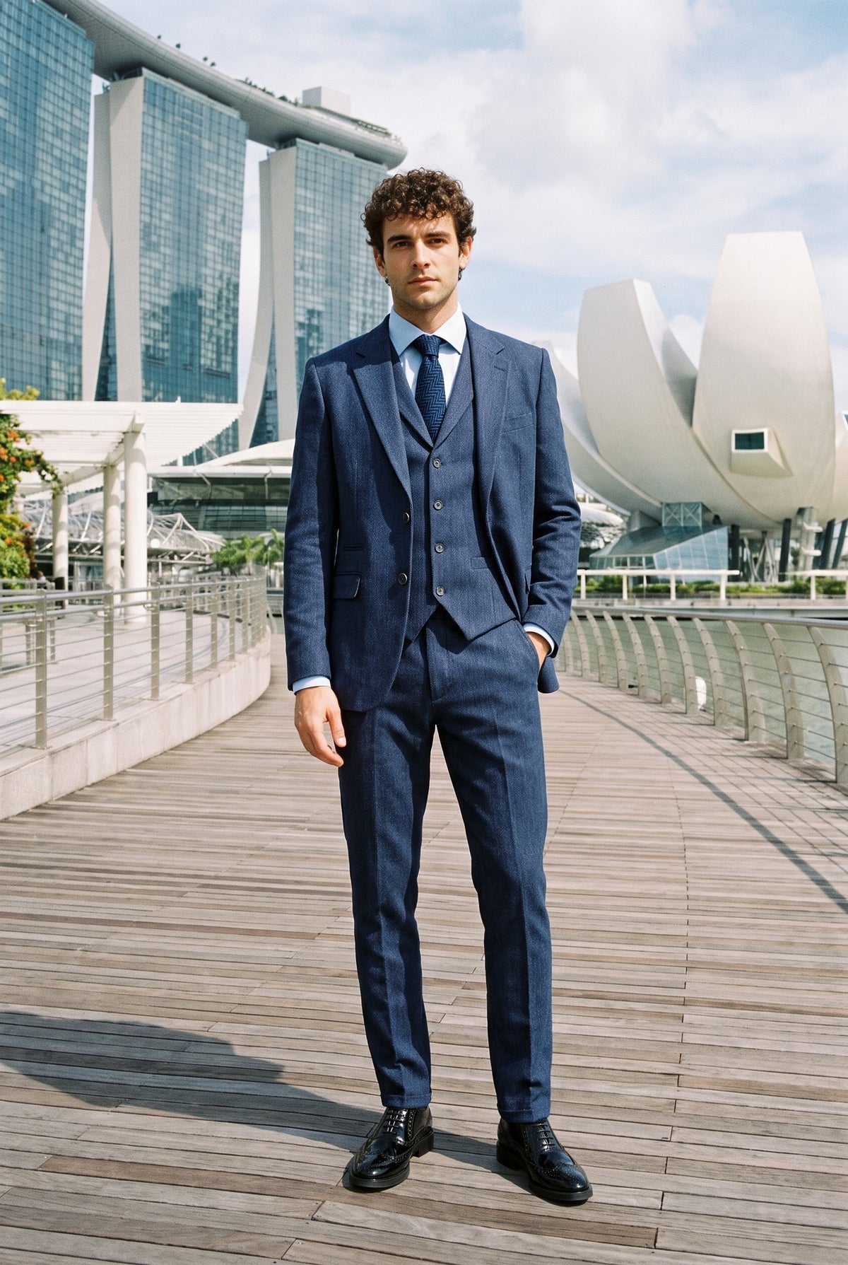 Look #989 styled with Terno masculino de 3 peças em tweed espinha de peixe azul-marinho