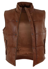 Colete masculino de couro legítimo, acolchoado, estilo puffer, quente, com zíper, casual, bege.